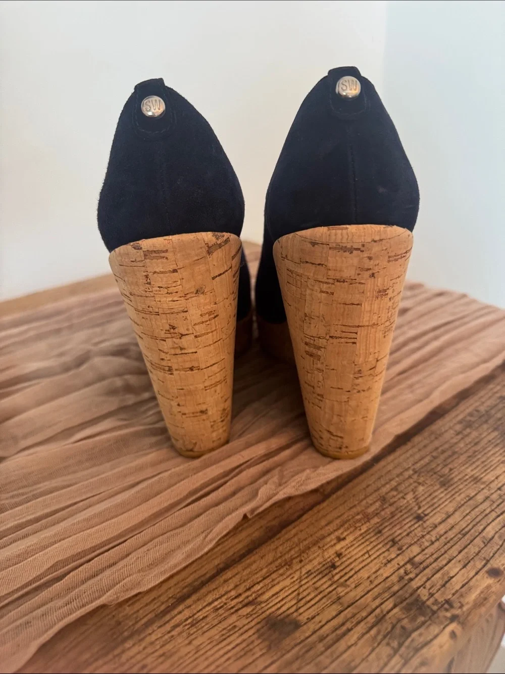 Stuart Weitzman Navy Suede Cork Wedge Pumps